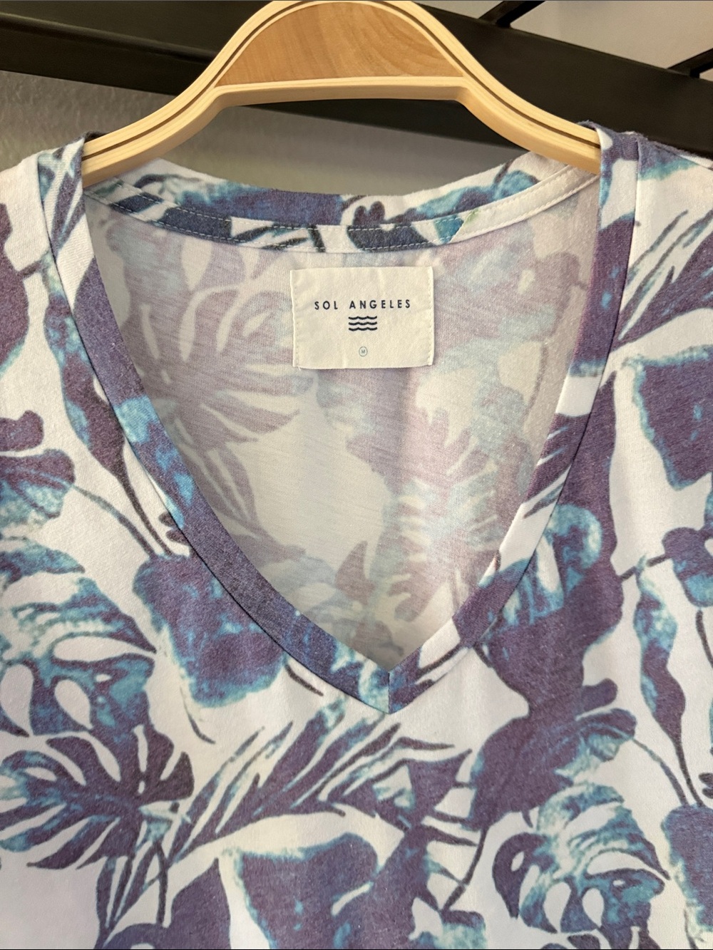 Anthropologie Sol Angeles White Tee with Blue-Purple Tropical Print